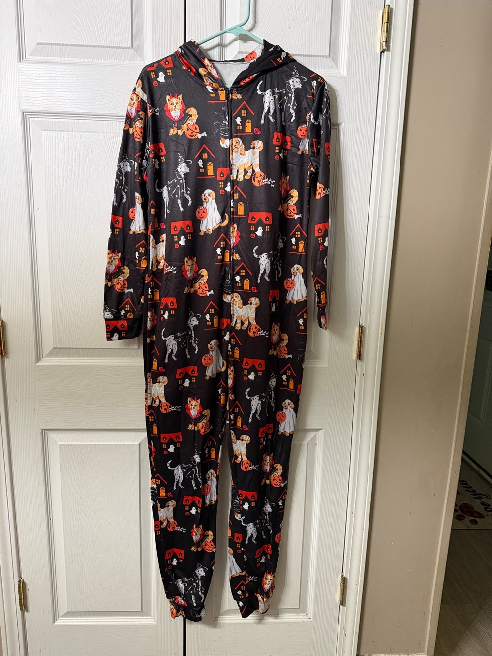 Halloween Dog Print One-Piece Hooded Pajamas  Sz L NWOT